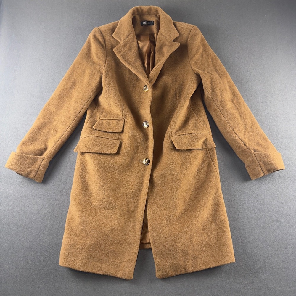 Lauren Ralph Lauren Camel Wool Blend Reefer Coat Tan Mid Length LR2523 Size 8
